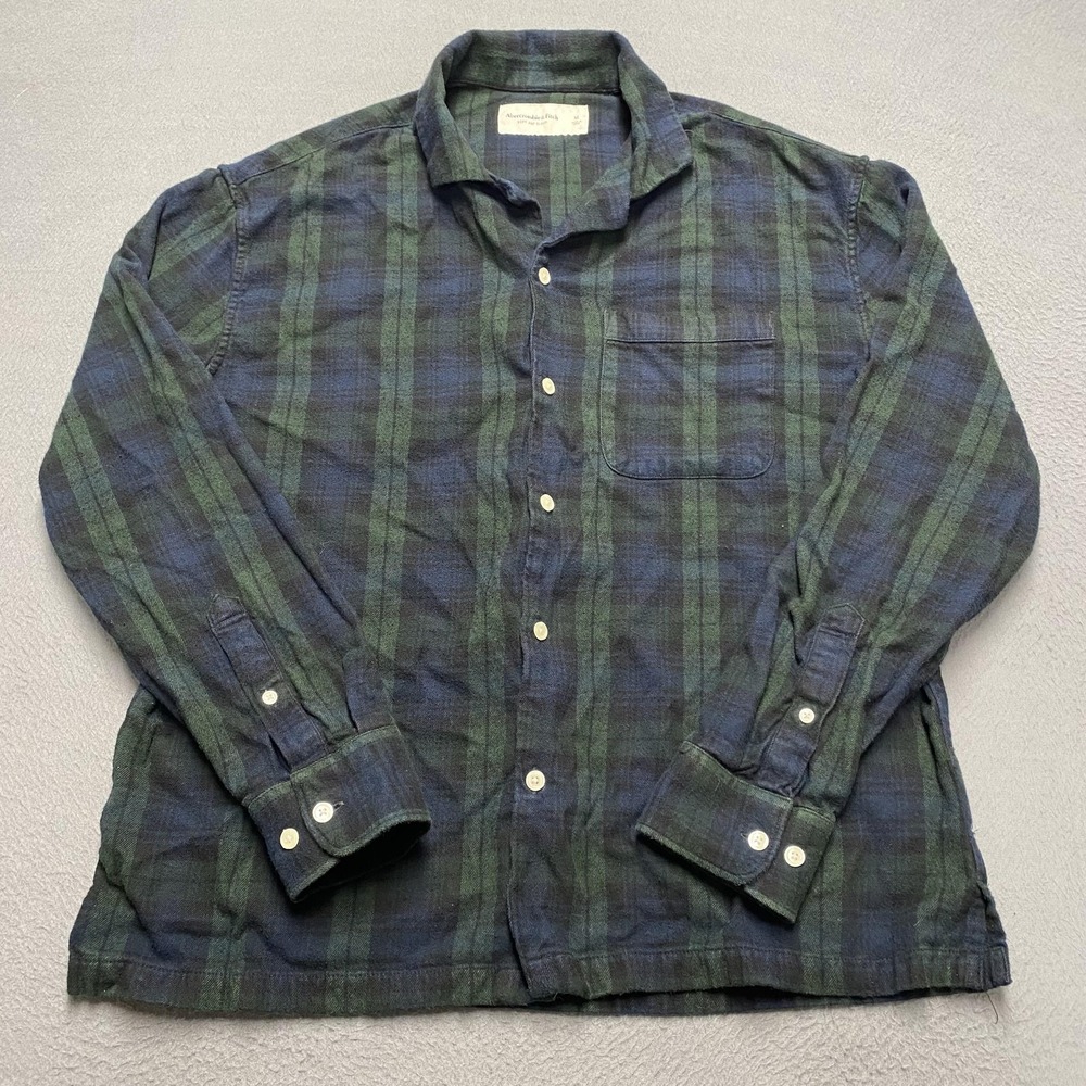 Abercrombie & Fitch Sleep Shirt Mens Medium Green Blue Plaid Flannel Pajama‎